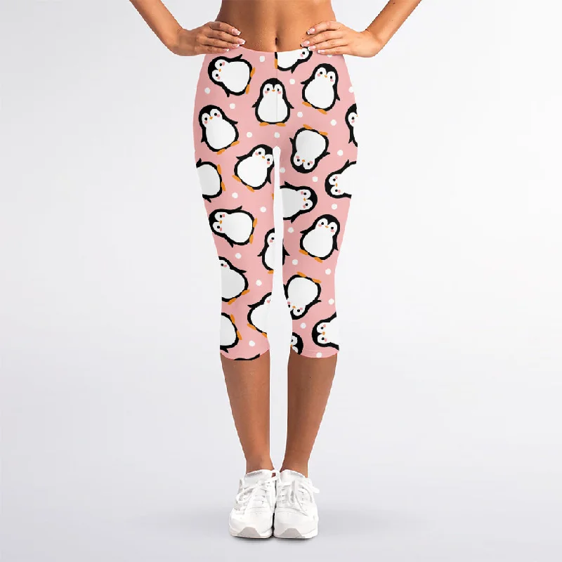 Price Drop Pink Polka Dot Penguin Pattern Print Women's Capri Leggings