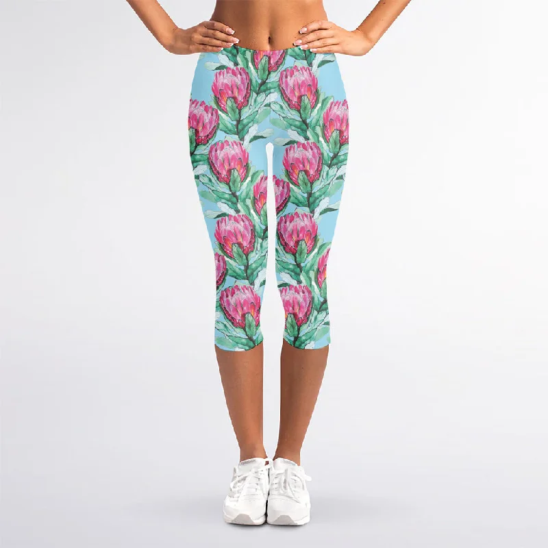 New Arrival Pink Protea Pattern Print Women's Capri Leggings