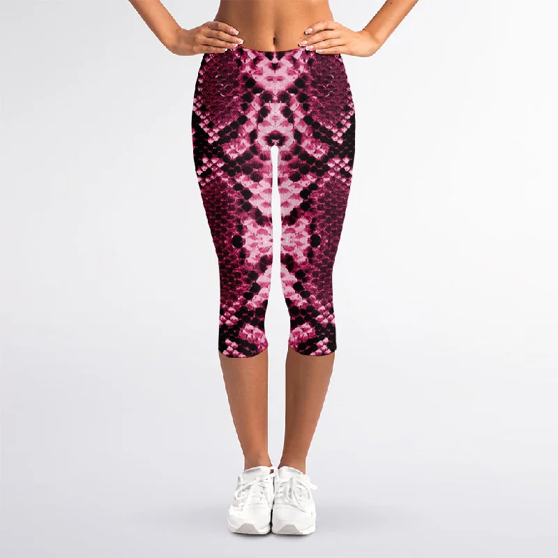 Seasonal Sale Pink Python Snakeskin Print Women's Capri Leggings