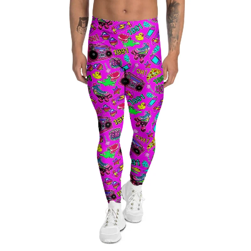 Low Prices Pink Retro Stickers 90s Print Pattern Men's Leggings