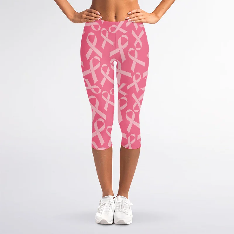 Unbeatable Prices Pink Ribbon Breast Cancer Pattern Print Women's Capri Leggings