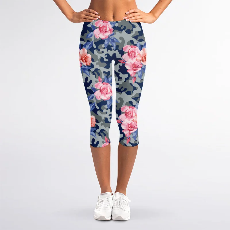 The Best Prices Pink Rose Flower Camouflage Print Women's Capri Leggings