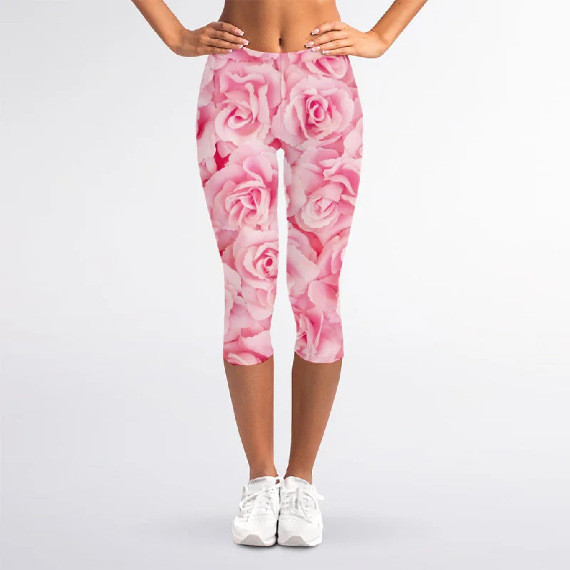 Super Sale Pink Rose Print Women's Capri Leggings