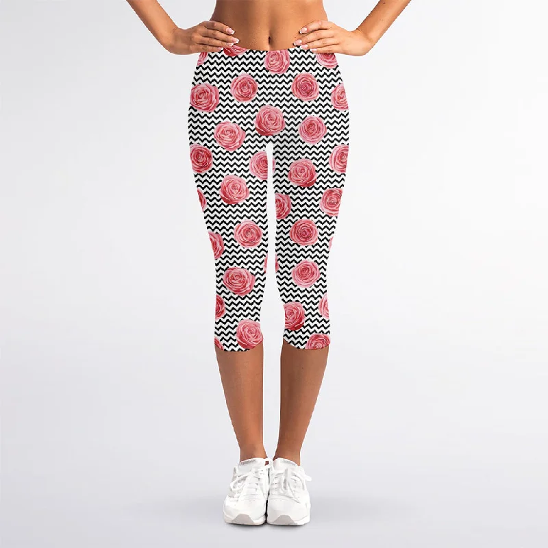 Stock Clearance Pink Rose Zigzag Pattern Print Women's Capri Leggings