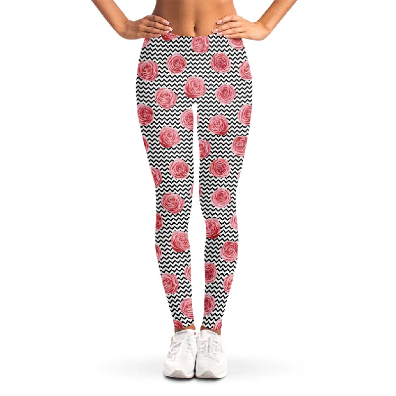 Limited Time Pink Rose Zigzag Pattern Print Women's Leggings