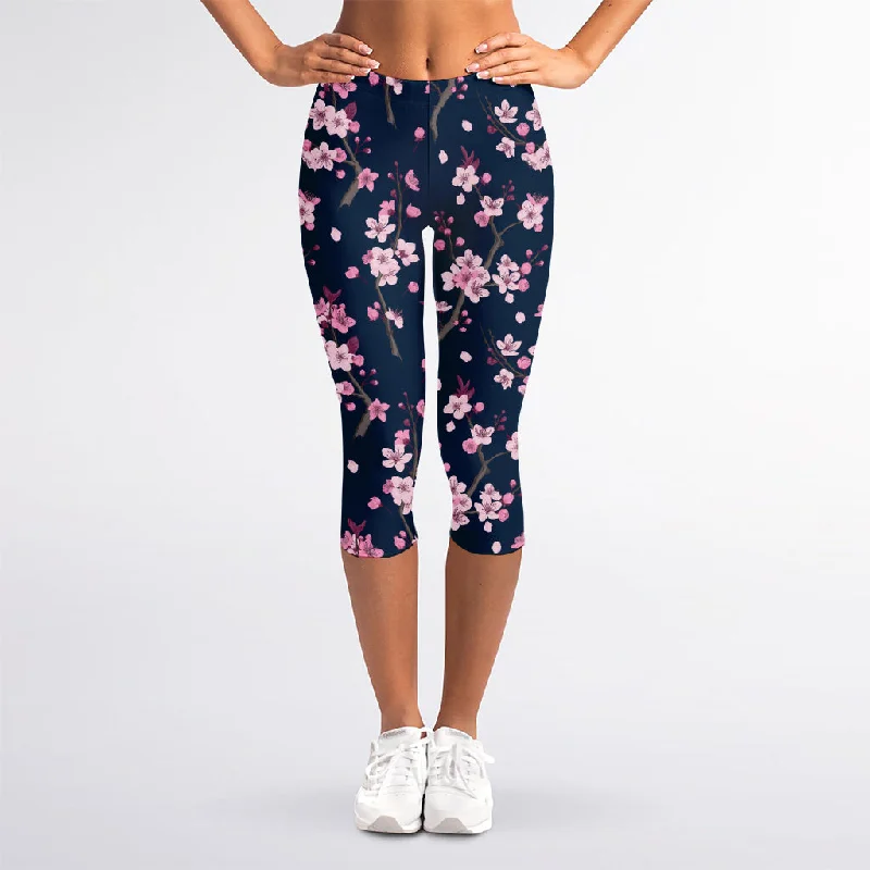 Sale Event Pink Sakura Cherry Blossom Pattern Print Women's Capri Leggings