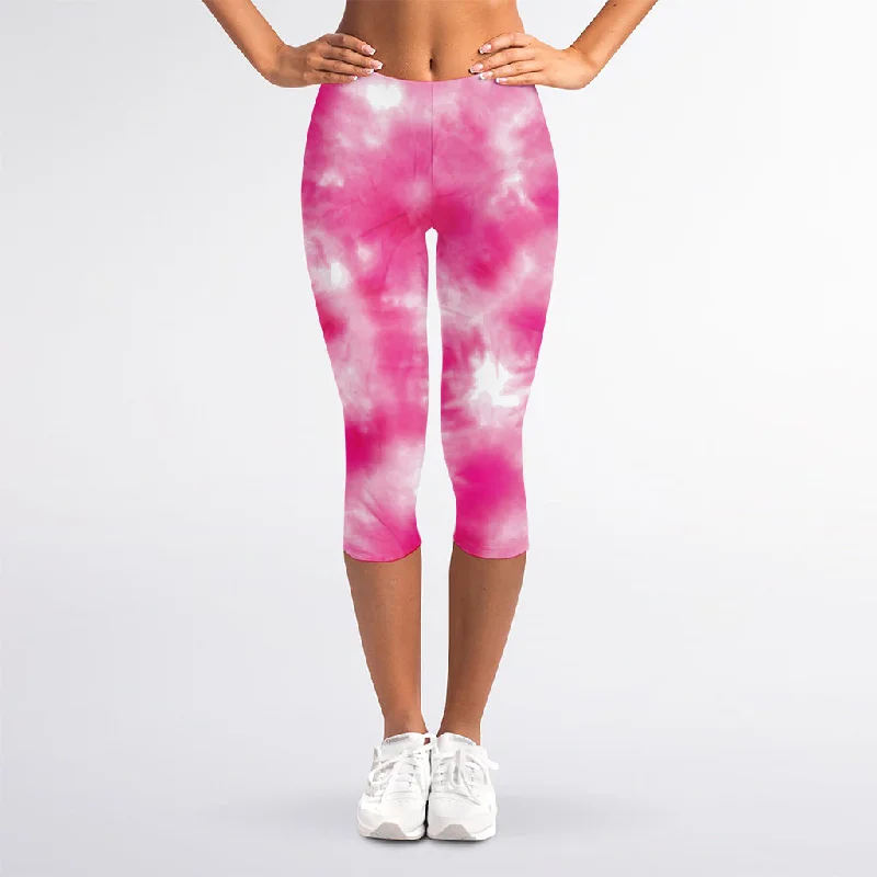 New Markdowns Pink Shibori Tie Dye Print Women's Capri Leggings
