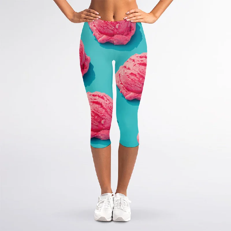 Special Discount Pink Strawberry Ice Cream Print Women's Capri Leggings