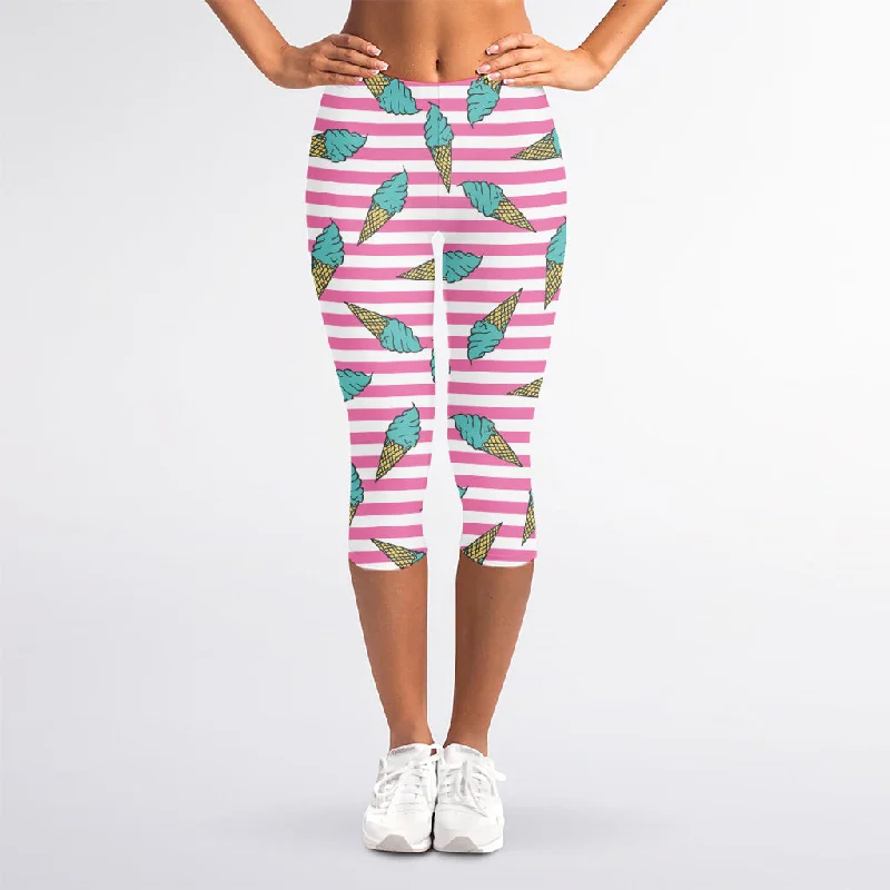 Hurry In Pink Striped Ice Cream Pattern Print Women's Capri Leggings