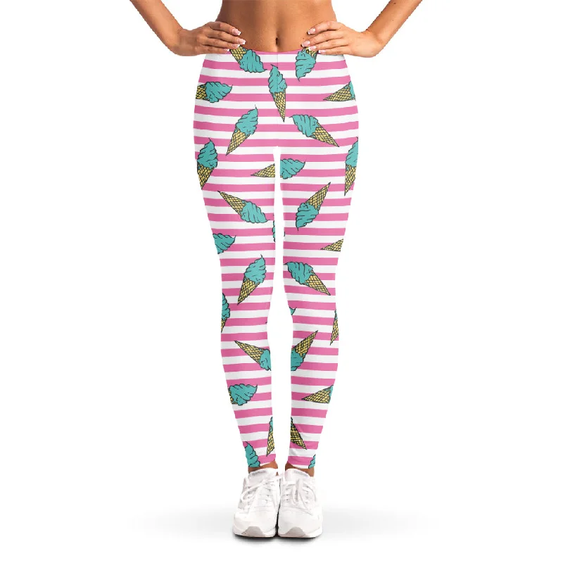Flash Deals Pink Striped Ice Cream Pattern Print Women's Leggings