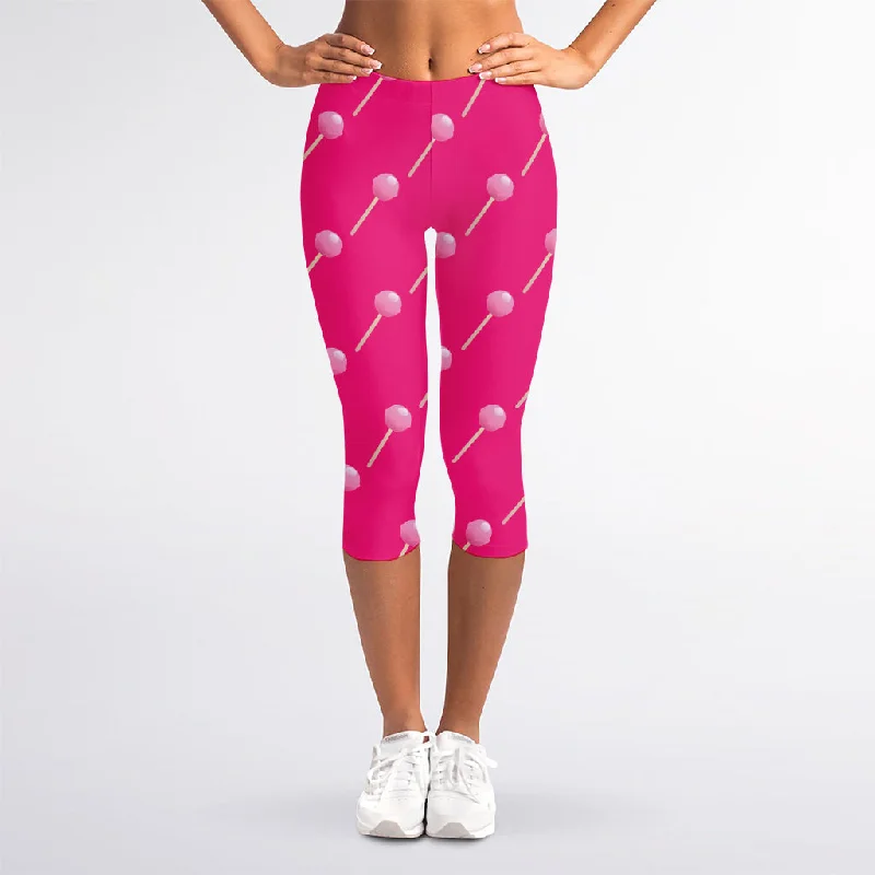 Price Cut Pink Sweet Lollipop Pattern Print Women's Capri Leggings
