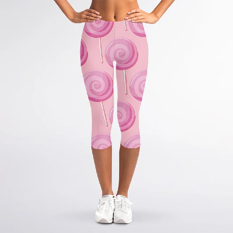 Lowest Price Pink Swirl Lollipop Pattern Print Women's Capri Leggings