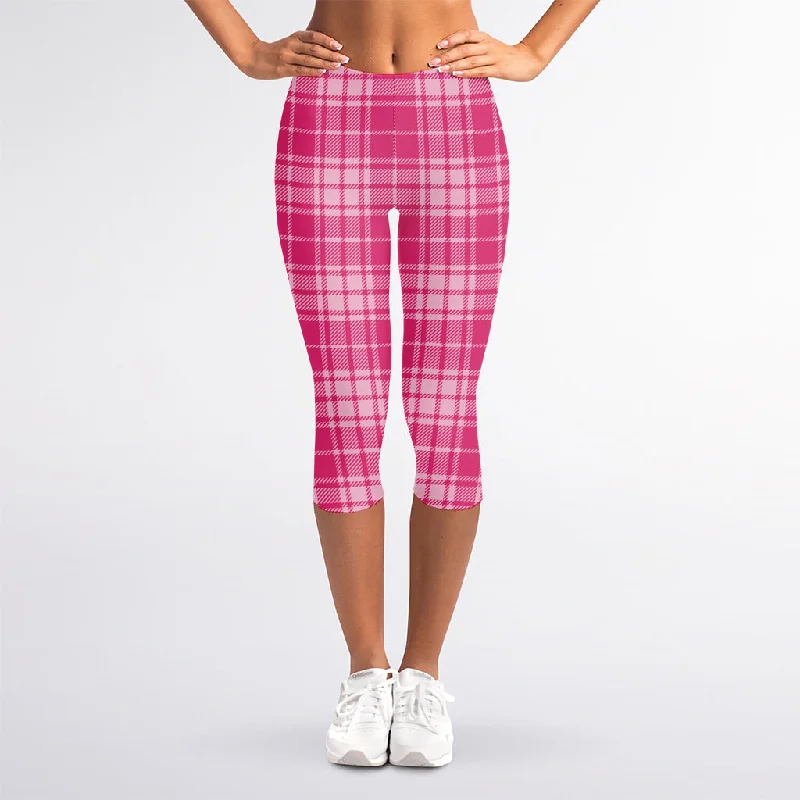 Final Markdown Pink Tartan Pattern Print Women's Capri Leggings