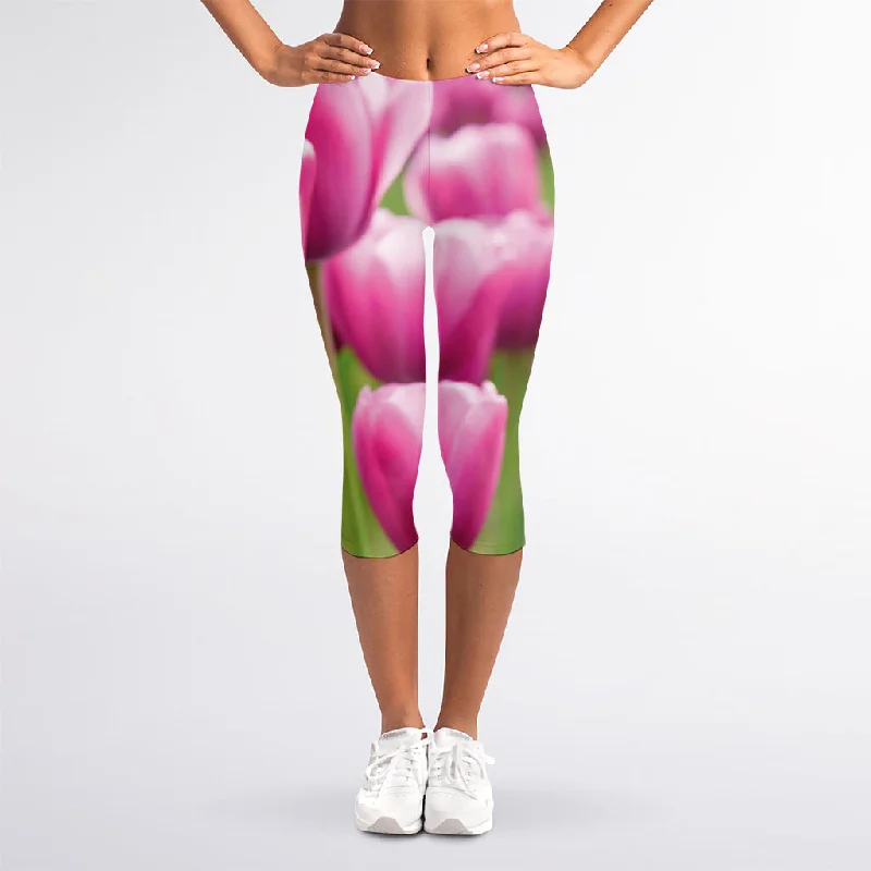 Buy Now Pink Tulip Print Women's Capri Leggings