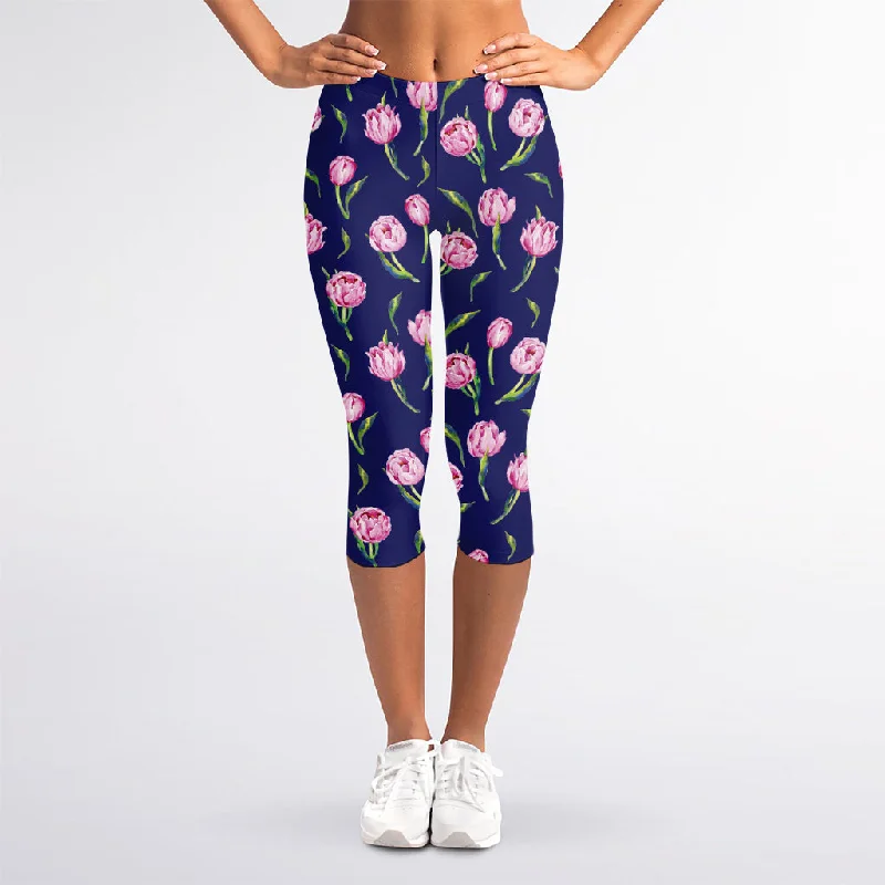 Special Savings Pink Watercolor Tulip Flower Print Women's Capri Leggings