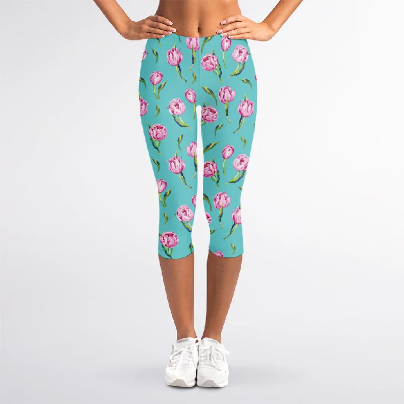 Extra Discounts Pink Watercolor Tulip Pattern Print Women's Capri Leggings