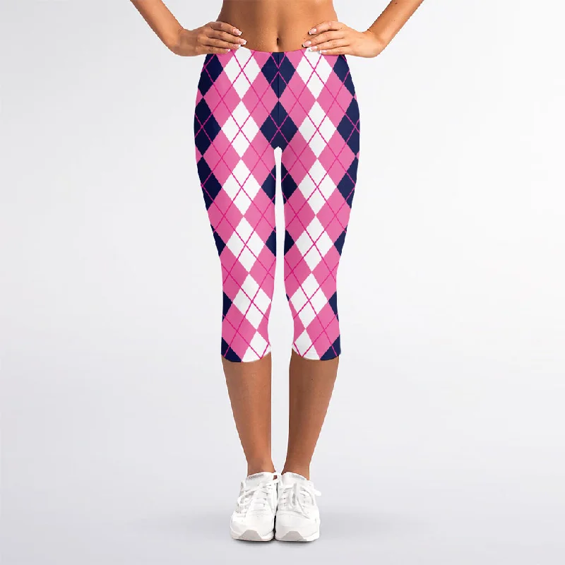 Incredible Offers Pink White And Blue Argyle Pattern Print Women's Capri Leggings