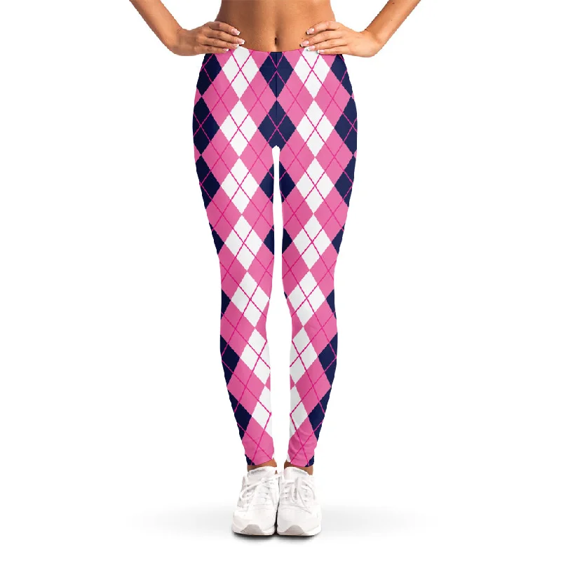 Online Only Pink White And Blue Argyle Pattern Print Women's Leggings