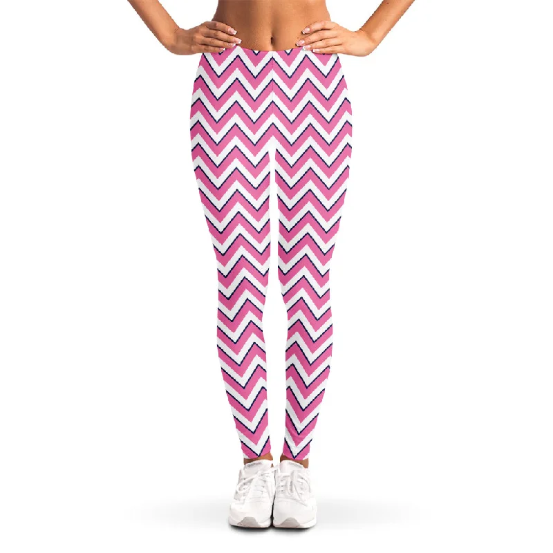 Steals and Deals Pink White And Navy Chevron Print Women's Leggings