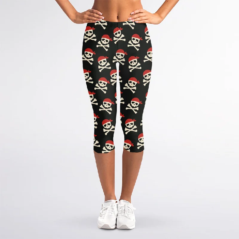Deal of the Week Pirate Skull Crossbones Pattern Print Women's Capri Leggings