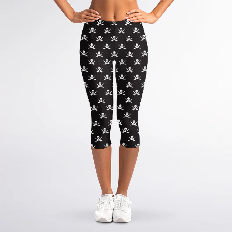 Can't Be Beat Pirate Skull Symbol Pattern Print Women's Capri Leggings