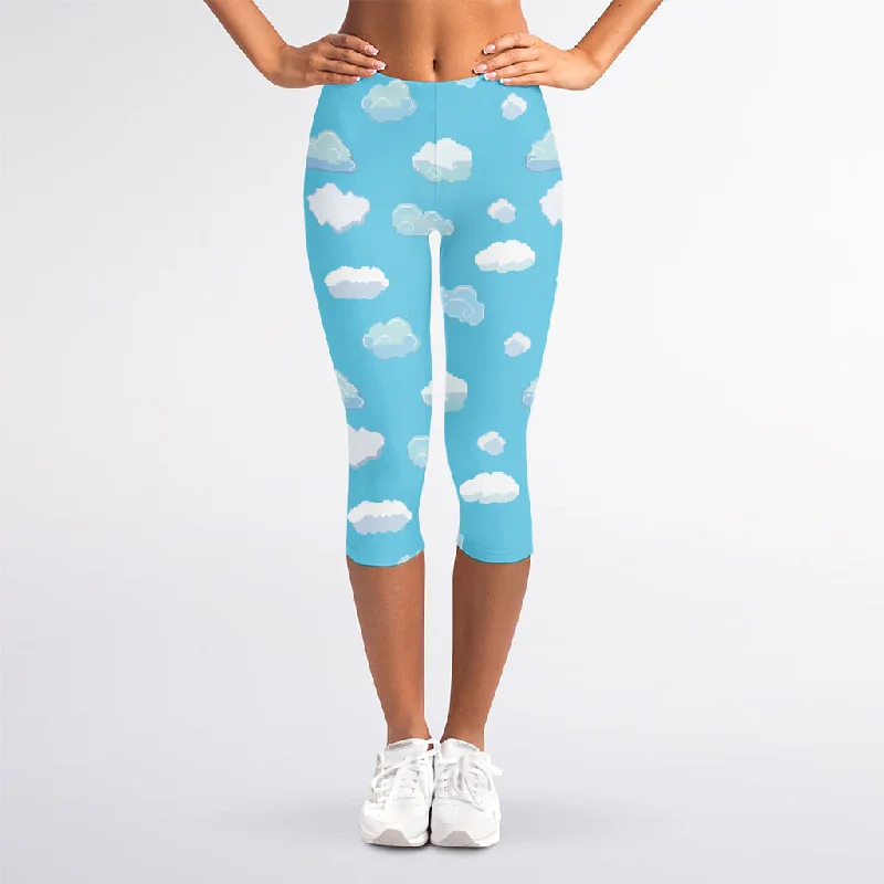 Now or Never Pixel Cloud Pattern Print Women's Capri Leggings