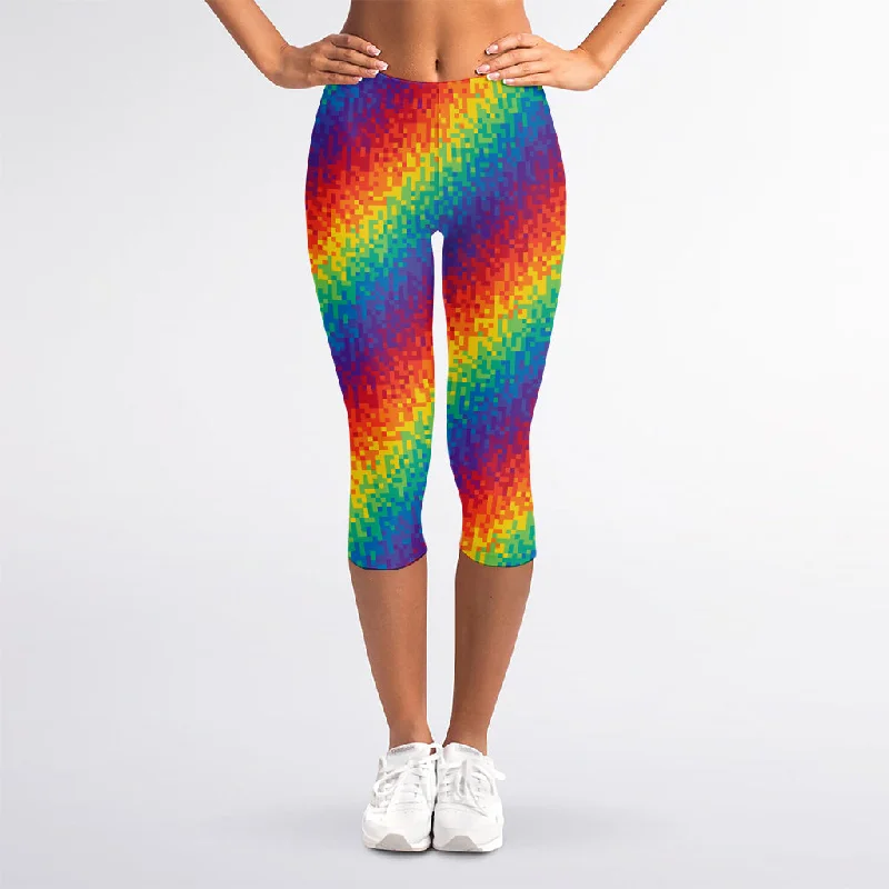 Super Sale Pixel Rainbow Pattern Print Women's Capri Leggings