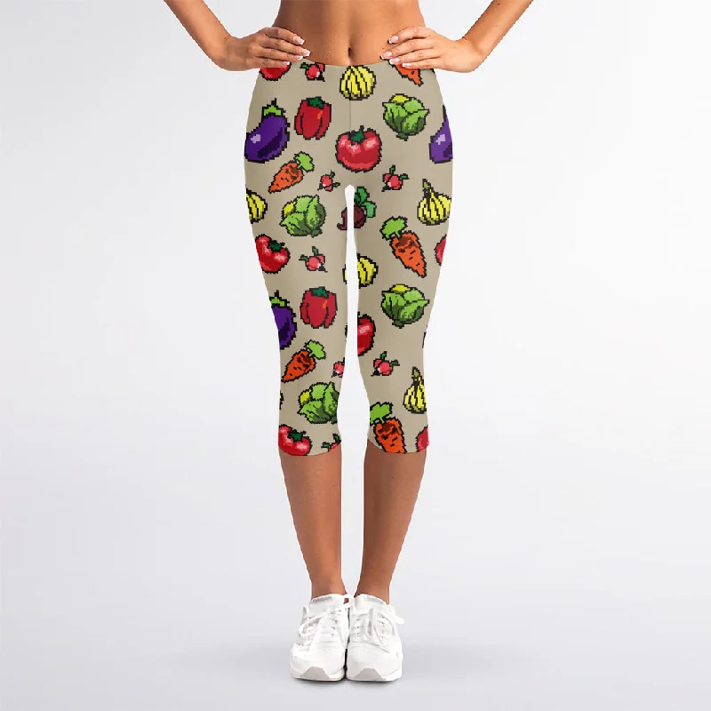 Price Break Pixel Vegetables Pattern Print Women's Capri Leggings