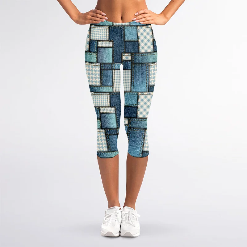 Savings Spectacular Plaid And Denim Patchwork Pattern Print Women's Capri Leggings