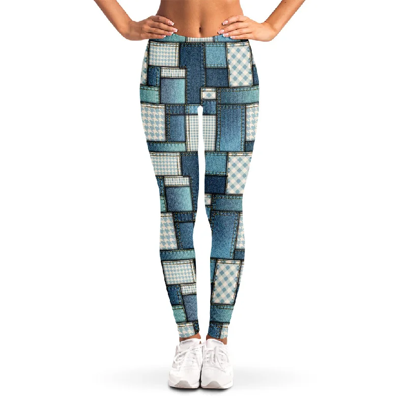 Price Fest Plaid And Denim Patchwork Pattern Print Women's Leggings
