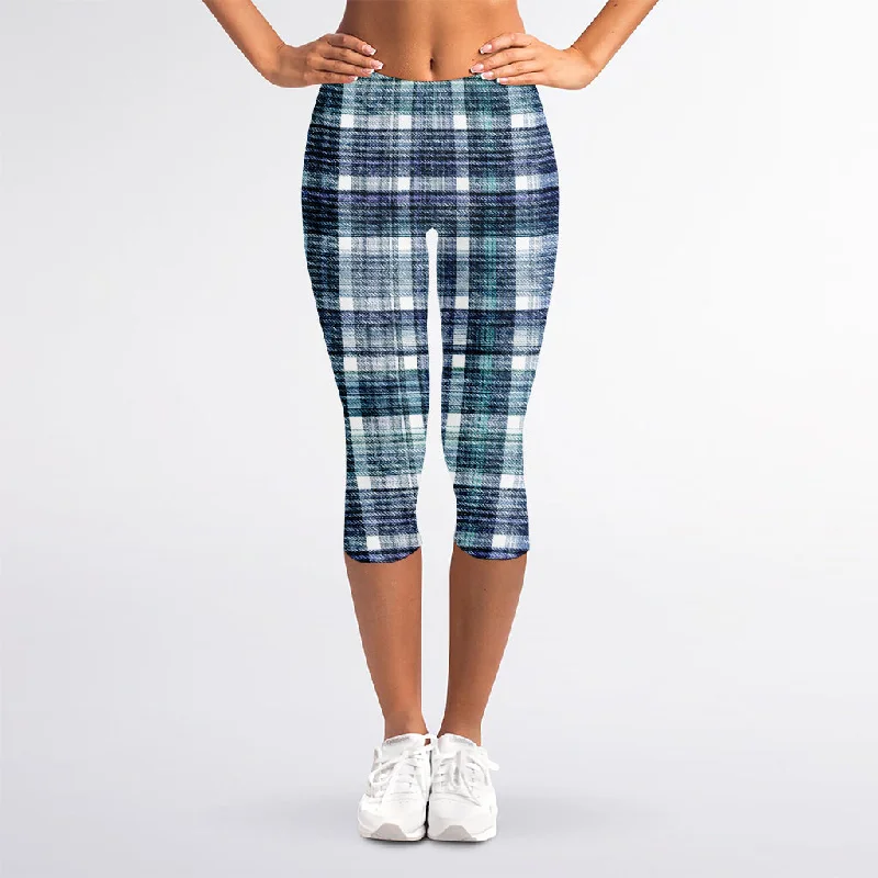 Closeout Sale Plaid Denim Jeans Pattern Print Women's Capri Leggings