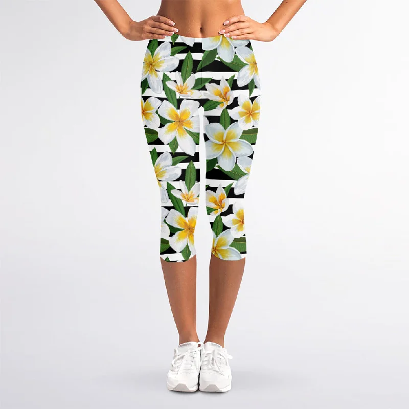 The Best Prices Plumeria Flower Striped Pattern Print Women's Capri Leggings