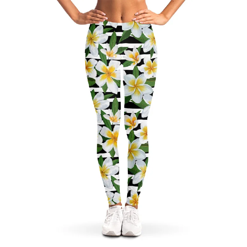 Referral Discount Plumeria Flower Striped Pattern Print Women's Leggings