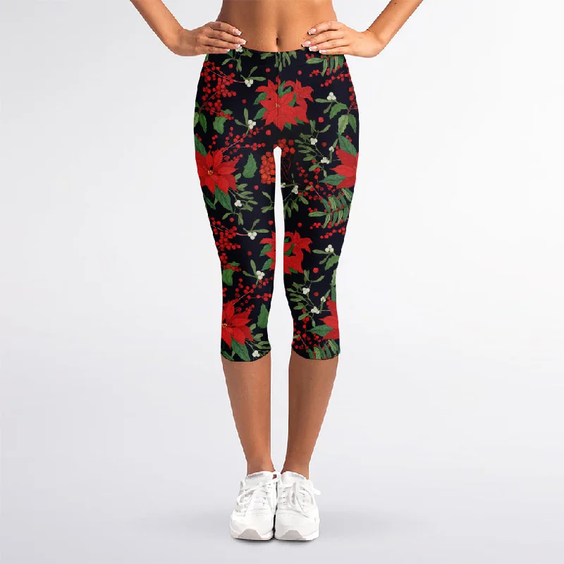 Price Drop Poinsettia Flower Pattern Print Women's Capri Leggings