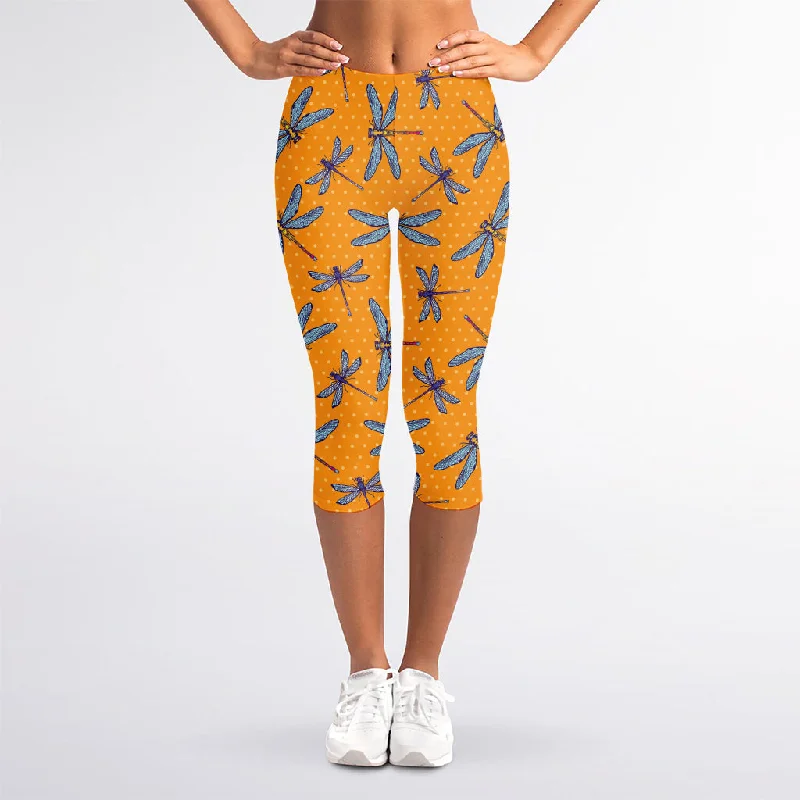 Steals and Deals Polka Dot Dragonfly Pattern Print Women's Capri Leggings