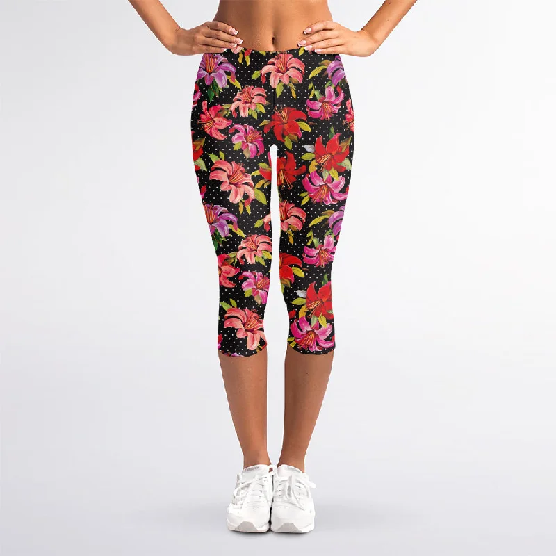 Markdowns Polka Dot Lily Pattern Print Women's Capri Leggings