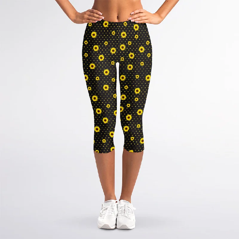 Online Specials Polka Dot Sunflower Pattern Print Women's Capri Leggings