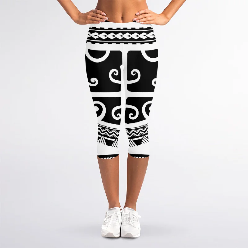 Big Discounts Polynesian Tribal Tattoo Pattern Print Women's Capri Leggings