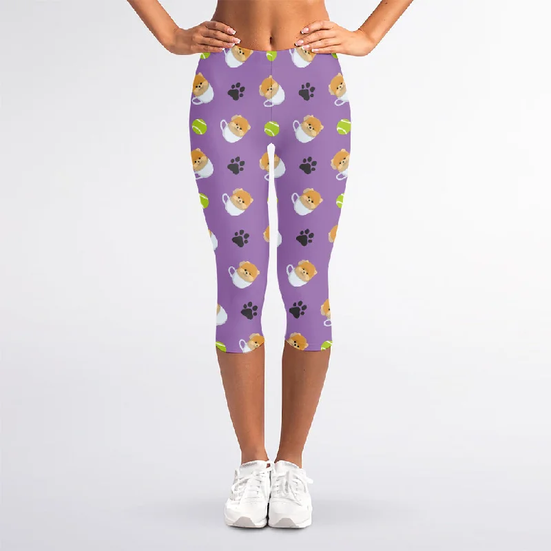 Amazing Deals Pomeranian In Tea Cup Pattern Print Women's Capri Leggings
