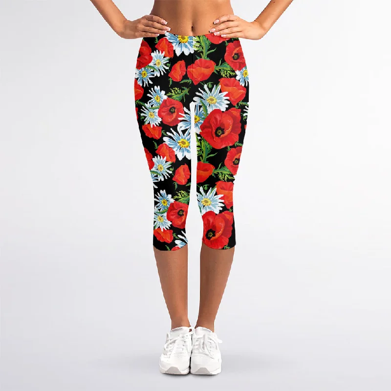 Value Deals Poppy And Chamomile Pattern Print Women's Capri Leggings