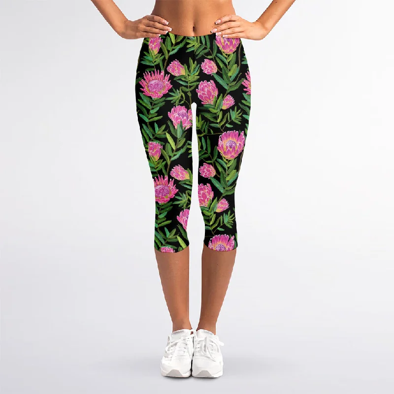 Price Rollback Protea Floral Pattern Print Women's Capri Leggings