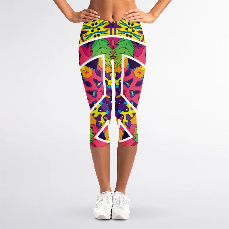 Price Break Psychedelic Hippie Peace Sign Print Women's Capri Leggings