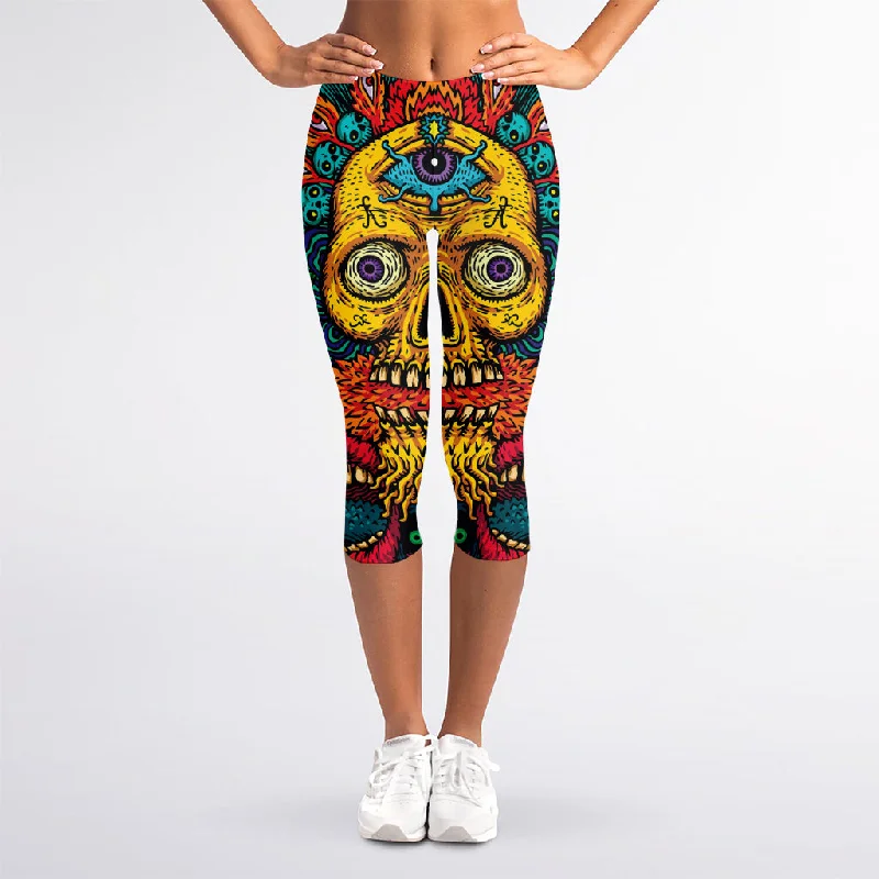 Bargain Bin Psychedelic Skull Print Women's Capri Leggings