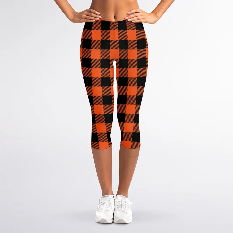 Exclusive Preview Pumpkin Orange Buffalo Check Print Women's Capri Leggings