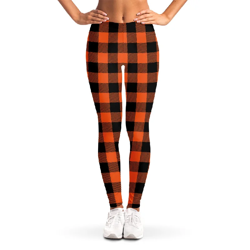 Midnight Madness Pumpkin Orange Buffalo Check Print Women's Leggings
