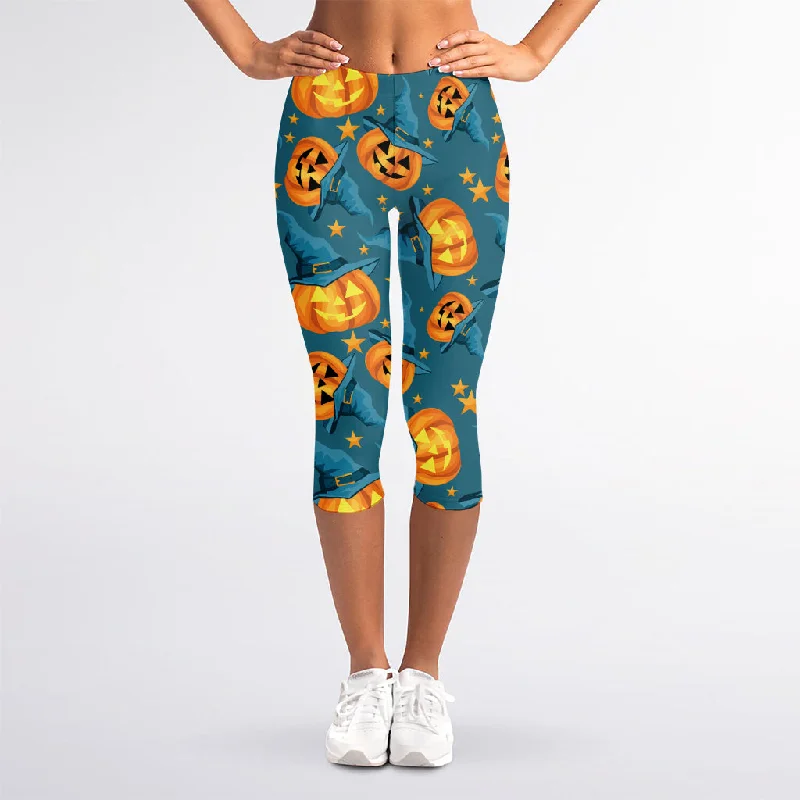 Loyalty Reward Pumpkin With Witch Hat Pattern Print Women's Capri Leggings