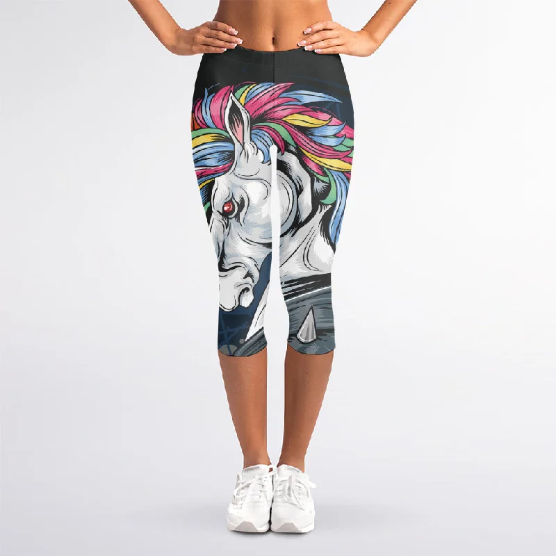 Doorbuster Deal Punk Unicorn Print Women's Capri Leggings