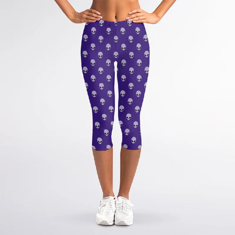 Weekend Flash Sale Purple Alien Face Pattern Print Women's Capri Leggings