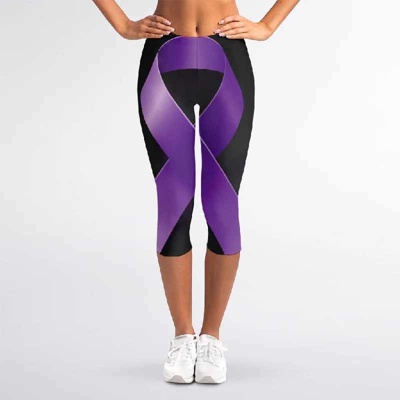 Limited Quantity Purple All Cancer Awareness Ribbon Print Women's Capri Leggings
