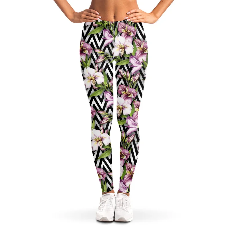 Don't Wait Purple Alstroemeria Zigzag Pattern Print Women's Leggings